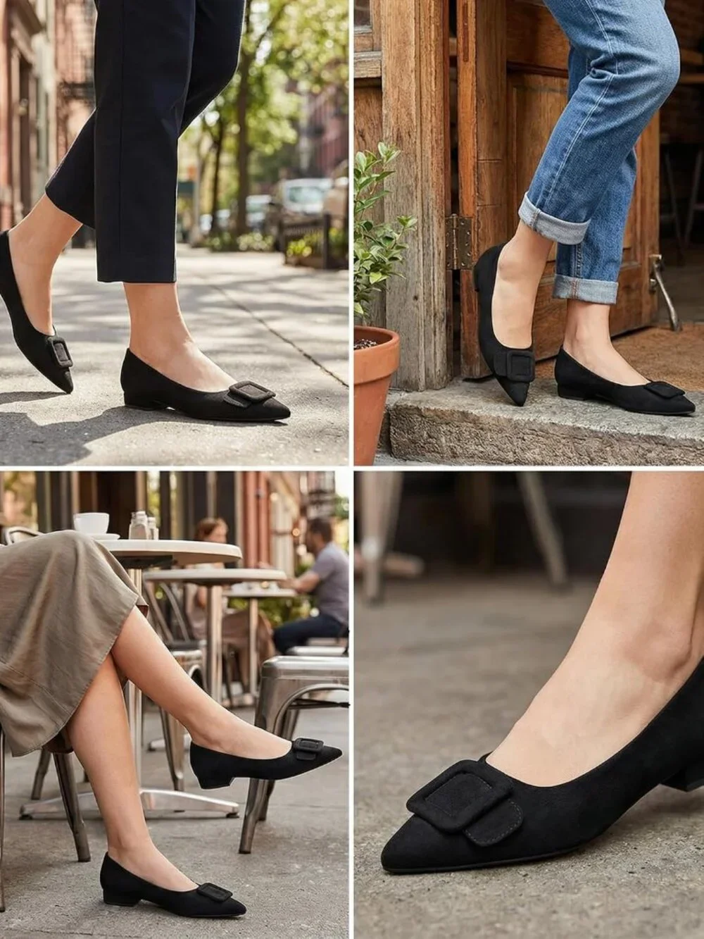 Women's Black Rubber Pointed Toe Square Buckle Flats Slip On Comfortable Shoes